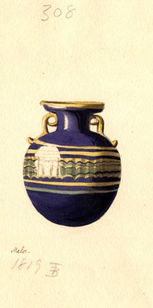 308 coloured, vase (blue, gold, green), 2 ornate handles